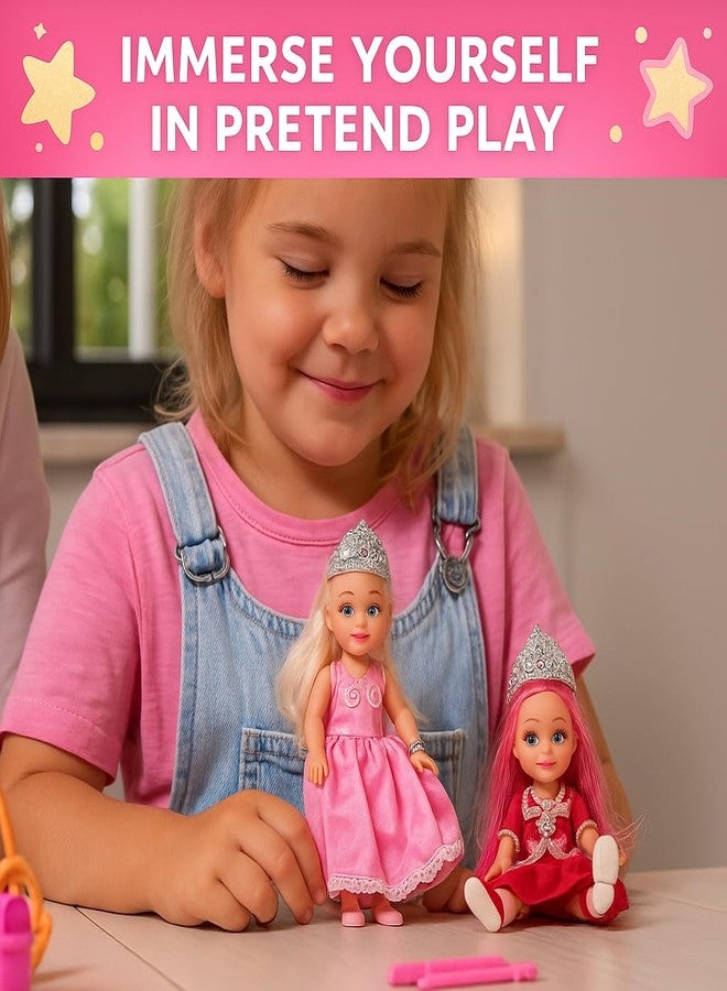 TOMLEON Princess Dolls Playset - 6 Mini Princess Dolls with Colorful Gowns, Crowns & Jewelry - Fantasy Role Play Set for Kids with Elegant Dresses, Accessories & Royal-Themed Box - Gift for Ages 3+ - Image 5